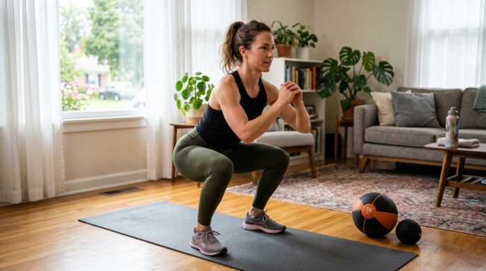 : Woman doing a 15-minute at-home leg workout with a mat and medicine ball in a bright home workout space
