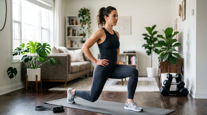 Fit woman doing a home leg workout to build lean, strong legs in a bright home workout space.