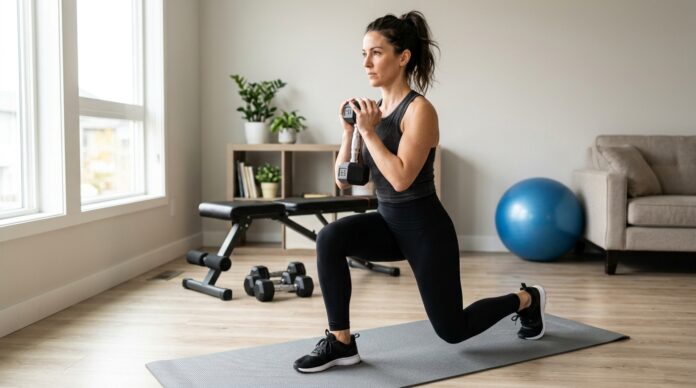 Woman doing a glute-focused home workout to lift and tone her glutes with simple equipment nearby