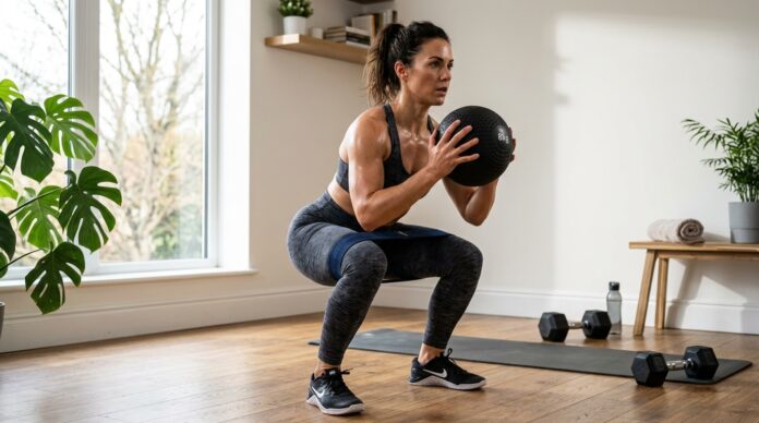 Woman doing a challenging home leg workout with a resistance band, slam ball, dumbbells, and mat.