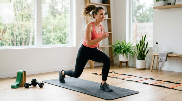 Woman doing a fast-paced home workout to burn belly fat using simple fitness equipment.