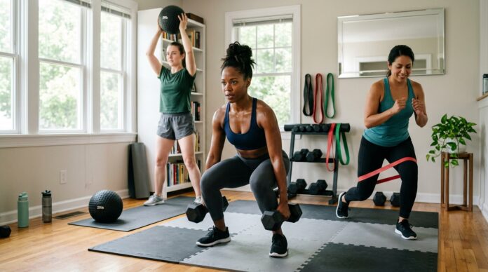 Women doing a challenging home workout with simple fitness equipment in a bright indoor space.