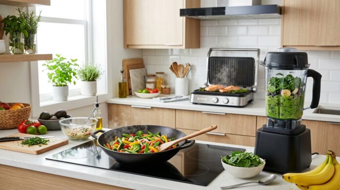 Healthy kitchen setup with a wok, blender, and grill for fitness-focused meal prep.