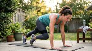 Woman doing body weight exercises to burn fat anywhere with minimal equipment