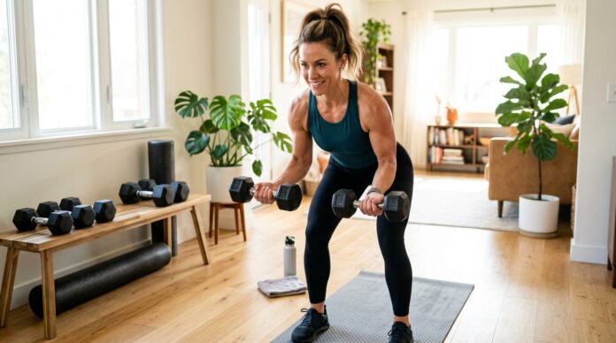Woman doing a dynamic upper body workout at home with dumbbells and a mat.