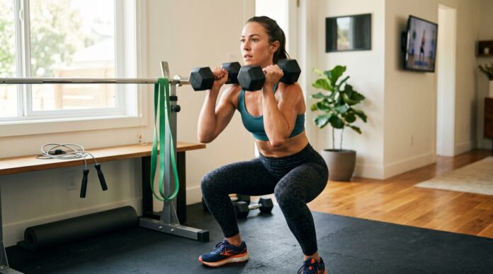 Woman doing a high intensity total body home workout with dumbbells, jump rope, and a resistance band.