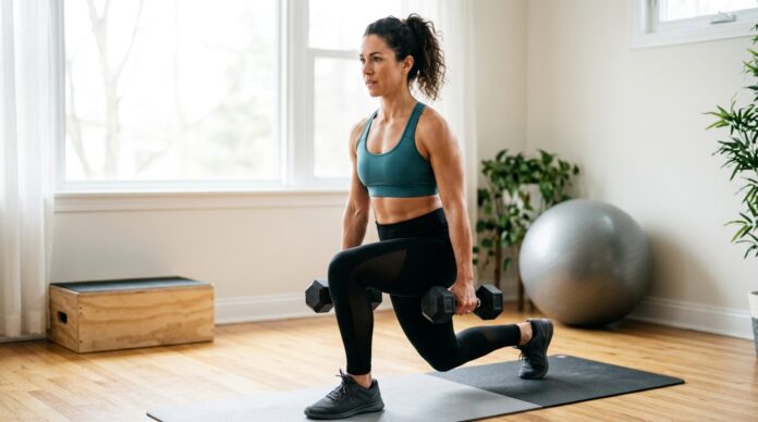 : Woman performing a total toning leg workout with dumbbells at home.