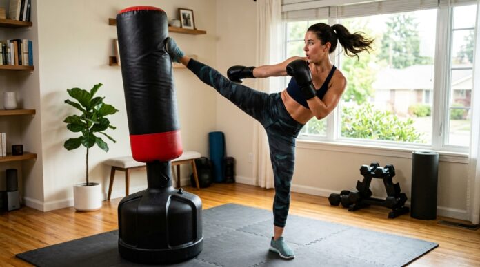Woman performing a fat burning kickboxing workout at home with a stand-up punching bag.