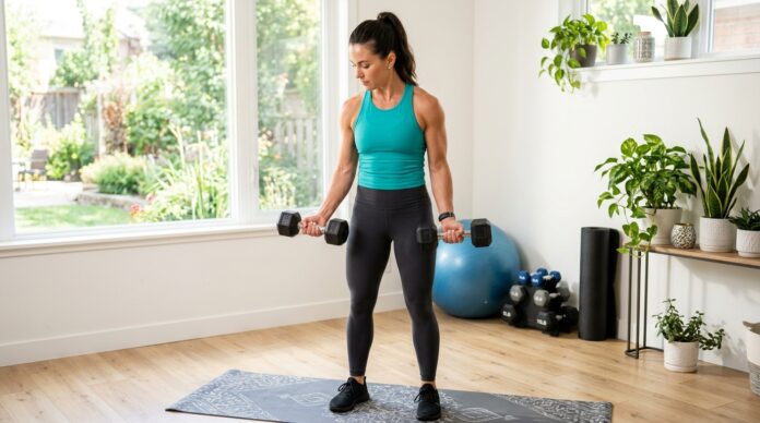 Woman doing an at-home arm workout with dumbbells to tone and strengthen her arms.