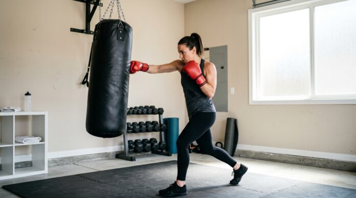Woman doing a fat burning heavy punching bag workout at home with boxing gloves and a heavy bag