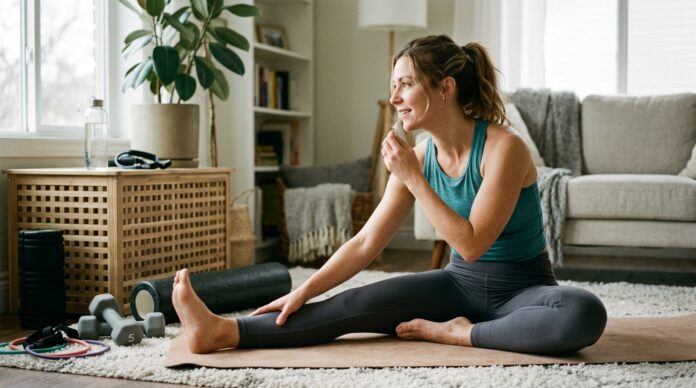 Woman performing an inner thigh workout at home with a resistance band in a bright workout space.