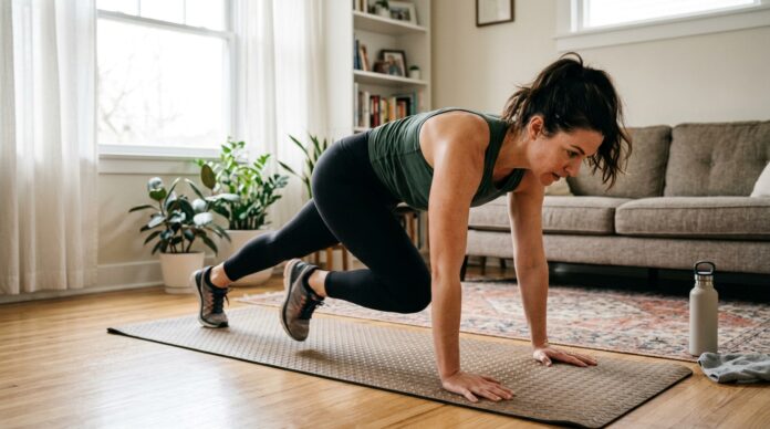 Woman doing an at-home body weight workout with no equipment in a bright indoor space.