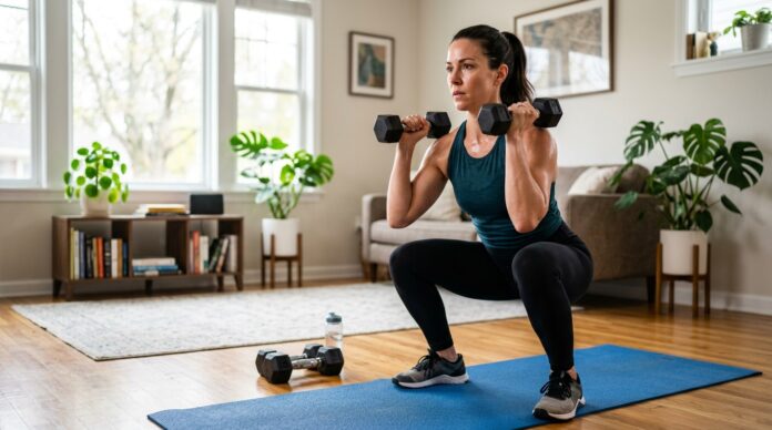 Woman doing a quick 10-minute at-home workout with dumbbells and an exercise mat.