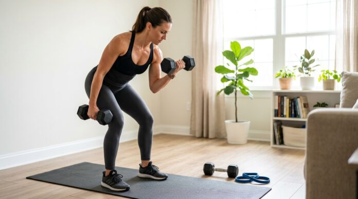 Woman doing strength training at home with dumbbells in a bright workout space