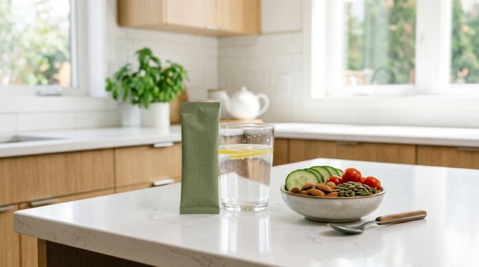 Weight loss supplement packets beside a glass of water in a clean kitchen setting