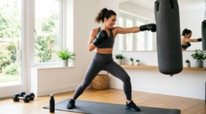 Woman doing a leg shaping at-home workout with boxing equipment in a bright home fitness space.