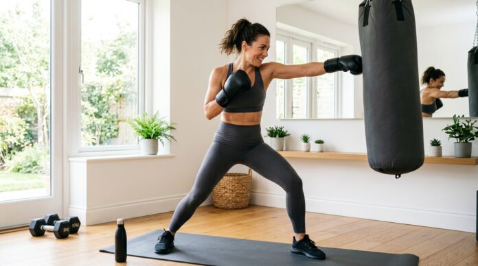 Woman doing a leg shaping at-home workout with boxing equipment in a bright home fitness space.