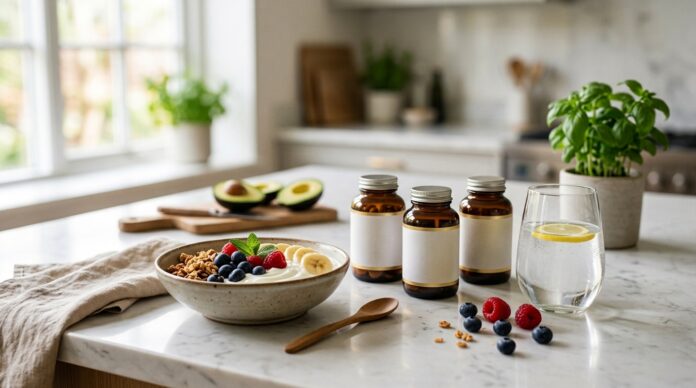 Wellness supplement bottles with water and healthy food on a bright kitchen counter