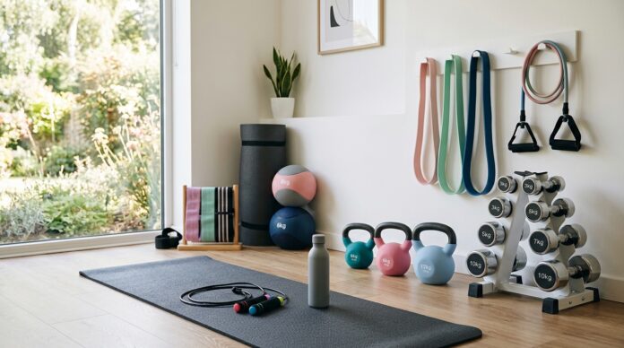 Home workout equipment including dumbbells, resistance bands, medicine balls, kettlebells, and a workout mat in a clean home gym.