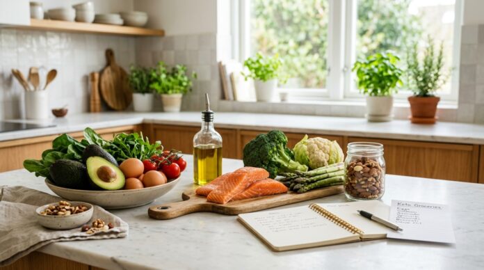 Keto-friendly foods including avocado, eggs, salmon, leafy greens, nuts, and low-carb vegetables arranged on a kitchen counter.
