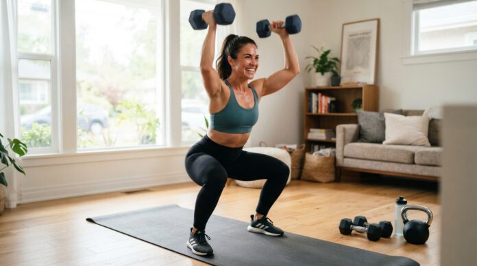 Woman doing a full body dumbbell workout at home in a bright home fitness space.