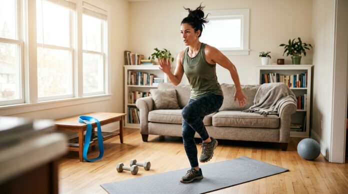 Woman doing a full body 15 minute at-home cardio workout with a mat, resistance band, dumbbells, and medicine ball