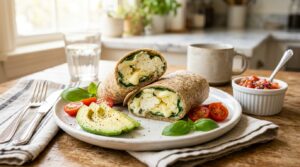High protein breakfast egg wrap cut in half on a plate with tomato, avocado, and greens.