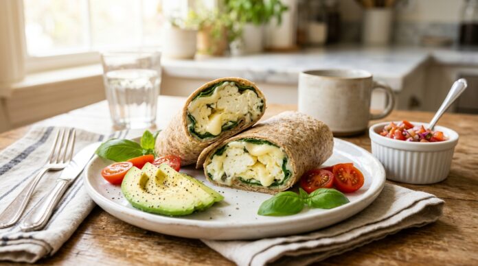 High protein breakfast egg wrap cut in half on a plate with tomato, avocado, and greens.