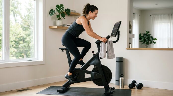 Woman riding an indoor exercise bike at home with dumbbells, water bottle, and workout mat nearby.