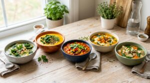 Five healthy soup bowls for weight loss arranged on a bright kitchen table with fresh herbs and vegetables.