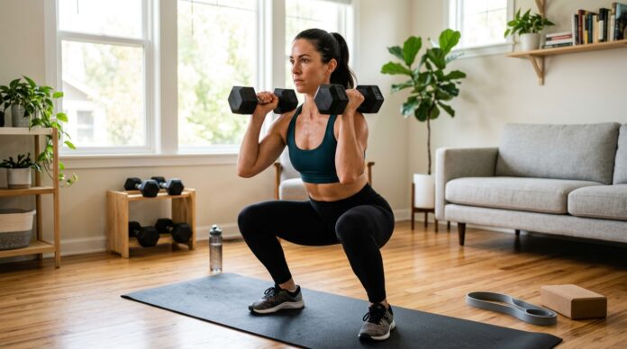 Woman doing a full body workout at home with dumbbells in a bright home workout space.