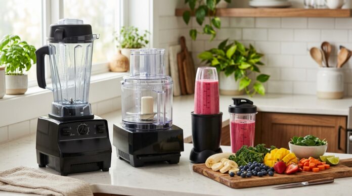 Different blender types arranged on a kitchen counter for a complete blender review guide.