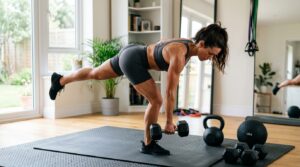 Woman doing a challenging home workout with dumbbells, kettlebell, and slam ball in a bright home gym.