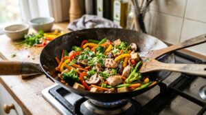 : Healthy stir fry with vegetables, lean protein, and light sauce cooking in a wok.