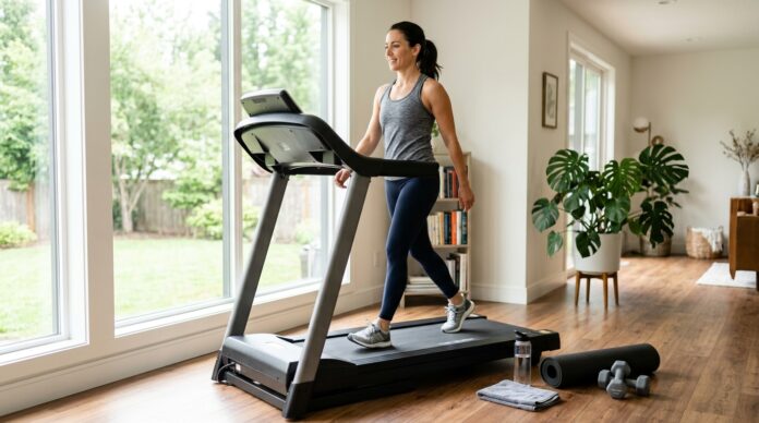Woman using a treadmill at home in a bright workout space with fitness accessories nearby.