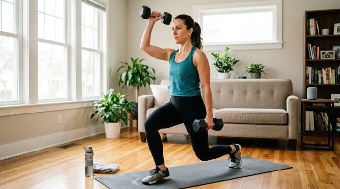 Woman doing a full body home workout with dumbbells at home for weight loss.