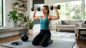 Woman doing a 20 minute upper body workout at home with dumbbells, slam ball, and workout mat.