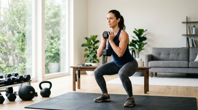 Create a realistic 16:9 image of a fit adult woman strength training at home in a bright modern living room or home gym. She should be surrounded by simple equipment like dumbbells, a kettlebell, a slam ball, and a jump rope. Show a confident athletic posture and a clean, motivating environment. No text, no logos