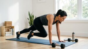 Woman doing a 30-minute belly fat workout at home with dumbbells nearby.