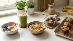 Bowl of oatmeal or yogurt topped with wheat germ, fruit, nuts, and seeds with fitness equipment in the background.