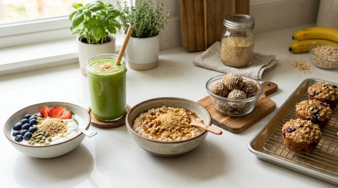 Bowl of oatmeal or yogurt topped with wheat germ, fruit, nuts, and seeds with fitness equipment in the background.