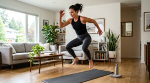 20-minute HIIT workout for women at home in a bright living room.
