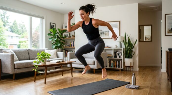 20-minute HIIT workout for women at home in a bright living room.