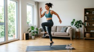 Woman doing a no-equipment home cardio workout in a bright living room.