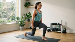 Home workouts for women with dumbbells in a bright living room.