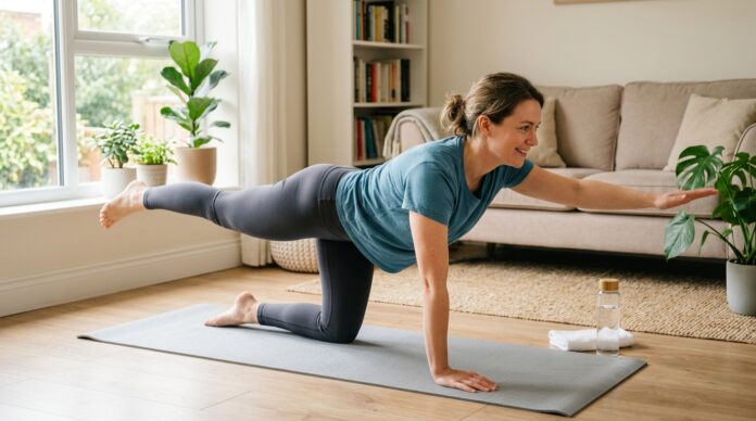 Beginner woman doing a simple home workout exercise in a living room.