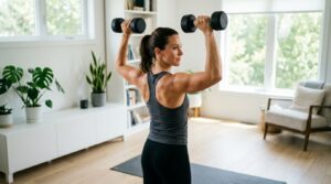 Woman doing an upper body workout at home with dumbbells.