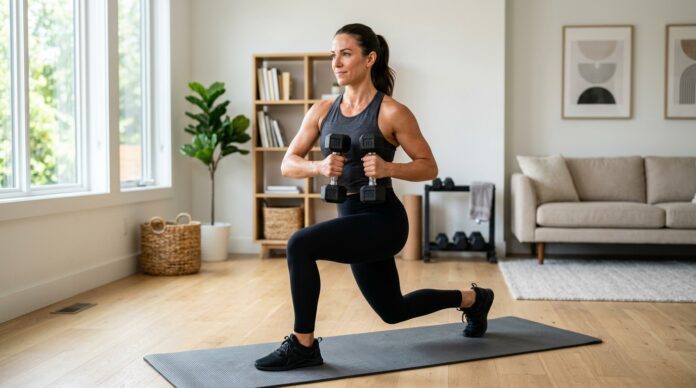 Woman performing full-body dumbbell strength training at home.