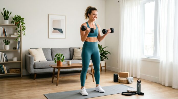 Fit adult woman doing a home workout with dumbbells in a bright living room.