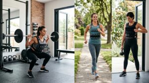Women using weighted vests for home workouts, walking, and strength training